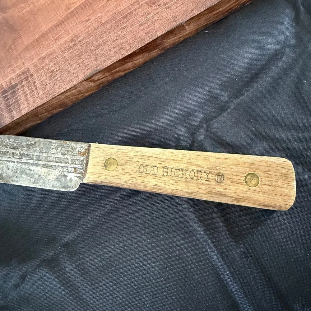 Old Hickory Tru-Edge Butcher Knife Carbon Steel Wood Handle Made in USA Vintage